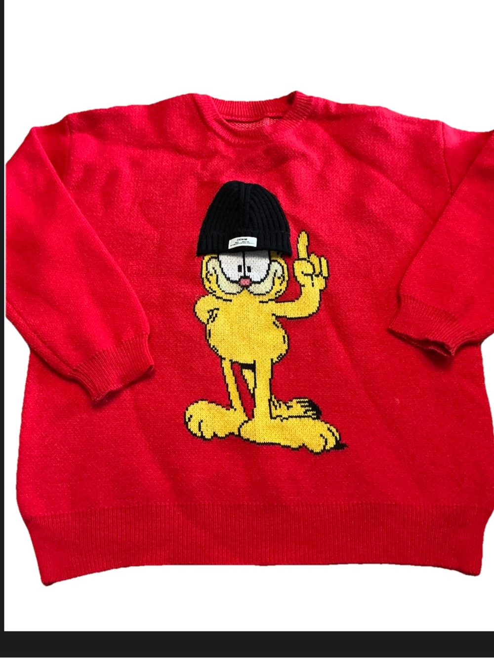 Rare Garfield 3D Beanie Sweater Heavy Knit Red Novelty Cartoon Oversized XL
